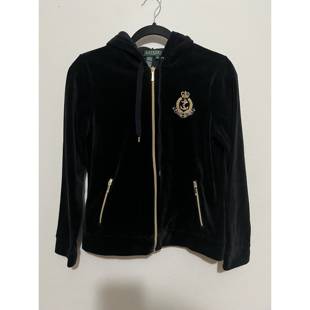 Vintage Lauren Ralph Lauen Velvet Hoodie Crest Black Jacket P/M cottonblend - Picture 14 of 14